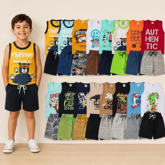 Kit Sortido 2 Peças de Roupas Infantil Menino- 1 Camiseta + 1 Bermuda 1 Conjuntos de Roupa Verão Masculino
