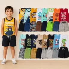 Kit Sortido 2 Peças de Roupas Infantil Menino- 1 Camiseta + 1 Bermuda 1 Conjuntos de Roupa Verão Masculino