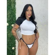 Biquini com Cropped Bicolor Mel Maia Biquini Fio Marquinha Moda Praia Biquini de Amarrar Ajustavel Piscina