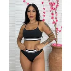 Conjunto Tricolor Top Sem Bojo + Calcinha Fio Forro de Algodão Moda Feminina Academia Verão