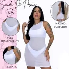 Vestido Saida de Praia De Tulle Regata Moda Praia Virada de Ano  Piscina Cachoeiras Moda Feminina Ano Novo Natal Verão