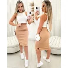 Conjunto Bicolor Cropped + Saia Midi com Fendas Laterais Feminina Ribana Canelada Moda Verão Outono Natal e Ano novo