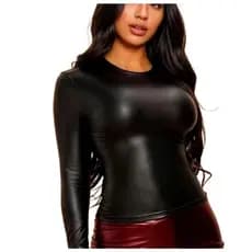 Blusa Manga Longa Cirrê Conforto Coladinha Feminina Moda Luxo Couro Fake  Balada Festa Casual oi