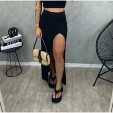 Saia Longa Fenda Canelada Feminina Moda Verão Ano Novo Natal Casual Tendencia Gringa