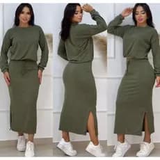 Conjunto Feminino Lanzinha Inverno Blusa Cropped e Saia Midi com Fendas Laterais