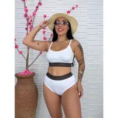 Conjunto Biquíni Top de Alcinha + Calcinha Alta Com Elástico Vazado Forrada Verão Piscina Praia Feminina Ano novo Natal