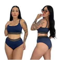 Conjunto Biquini Top Cropped com Bojo removível + Calcinha Alta Elástico Vazado Natal Ano novo Praia Piscina Feminino