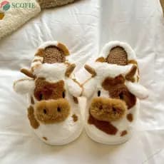 Chinelos De Lã SCOFIE Femininos , Vaca Manchados Fofos De Veludo Pelúcia Macios E Grossos Kawaii Quentes