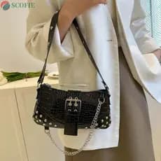 Bolsa De Axilas De Crocodilo SCOFIE , Corrente De Rebite PU Estilo Coreano Y2K Ombro Com Textura De Botão