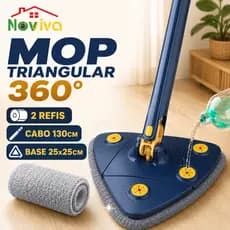 Mop Triangular 360° Noviva com Cabo Ajustável 130cm | Base 25x25cm e 2 Panos de Microfibra para Pisos e Cantos