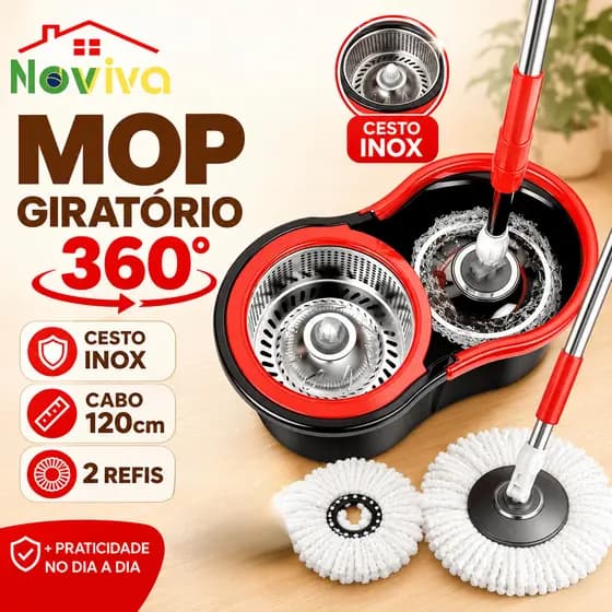 Mop Giratório com Balde Centrífuga Noviva | Cabo Longo 120cm, Cesto Inox e 2 Refis para Limpeza Prática Sem Esforço