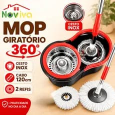 Mop Giratório com Balde Centrífuga Noviva | Cabo Longo 120cm, Cesto Inox e 2 Refis para Limpeza Prática Sem Esforço