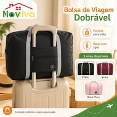 Bolsa de Viagem Dobrável Preta com Alça, Bolso Frontal e Encaixe para Mala de Rodinhas