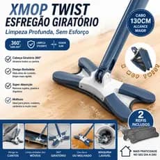 Esfregão Twist 360° Com 2 Refis Laváveis | Mop Giratório Multiuso Cabo 130cm Limpeza de Piso