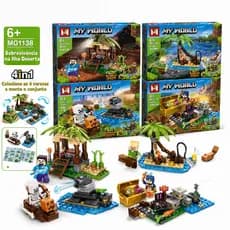 Blocos de Montar Estilo Pixel 4 Modelos Ilha Deserta Cabana Tesouro Brinquedo Educativo DIY