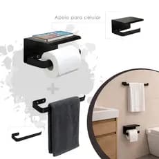 Kit Acessorios Para Banheiro Preto Fosco 2 Peças Porta Papel E Toalheiro De Rosto