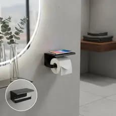 Suporte Papel Higiênico de Parede Alumínio Preto Fosco – Porta Papel com Apoio para Celular