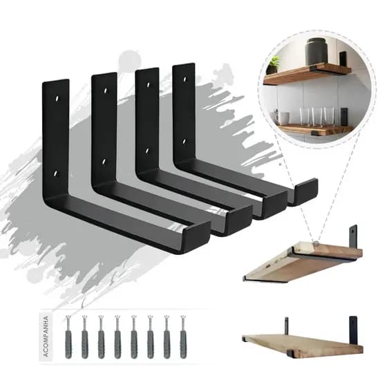 Kit 04 Unidades - Mão Francesa Invertida 30cm Ferro Preto Resistente - Suporte Prateleira - Cantoneira