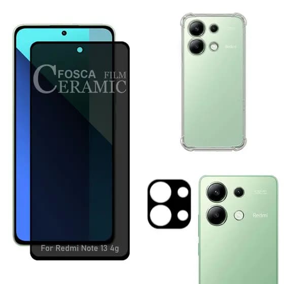 Kit Para Redmi Note 13 4G | Película de Privacidade Fosca - Capa Anti Shock - Película da Câmera 3D