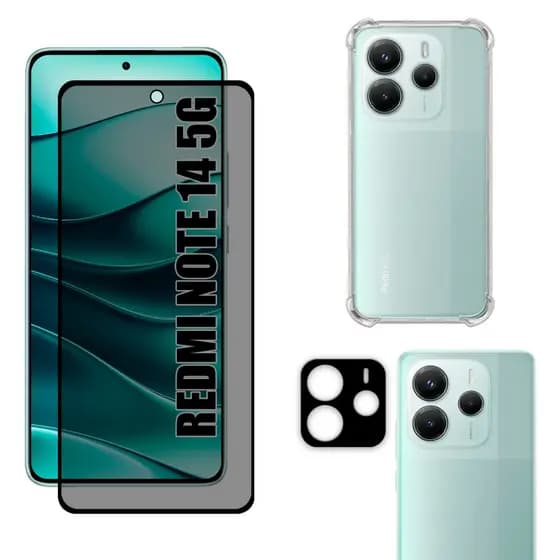 Kit Para Redmi Note 14 5G | Película de Privacidade 3D - Capa Anti Shock - Película da Câmera 3D