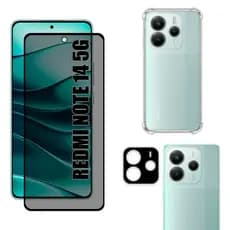 Kit Para Redmi Note 14 5G | Película de Privacidade 3D - Capa Anti Shock - Película da Câmera 3D