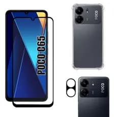 Kit Para Xiaomi Poco C65 | Película de Vidro 3D - Capa Anti Shock - Película da Câmera 3D