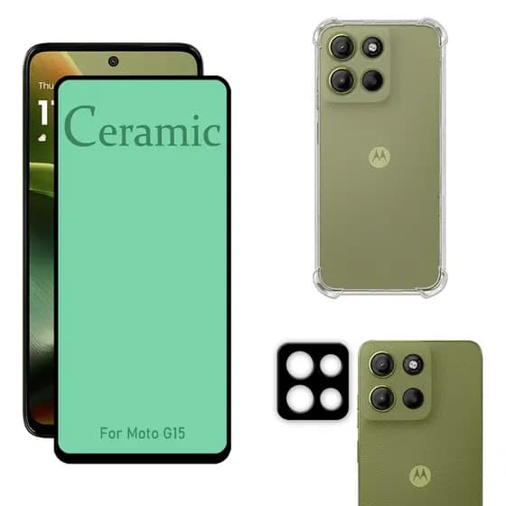 Kit Para Moto G15 | Película de Cerâmica - Capa Anti Shock - Película da Câmera 3D