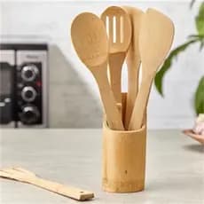 Kit Colher De Pau Utensílios Em Bambu 5 (4 talheres + suporte) Peças Anti Fungos Casa Cozinha Colheres （Entrega 24 horas）