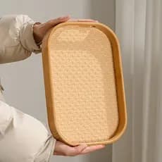 Bandeja Retangular Grande com Alças 40cm, Bambu e Palhinha Elegante