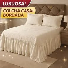 Colcha Casal Bordada Com Babado Cama Box Cobre Leito Com Forro Cama Posta
