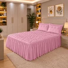 Kit Colcha Casal Com Babado Cama Box Posta Cobre Leito Bordado Várias Cores Antialérgico