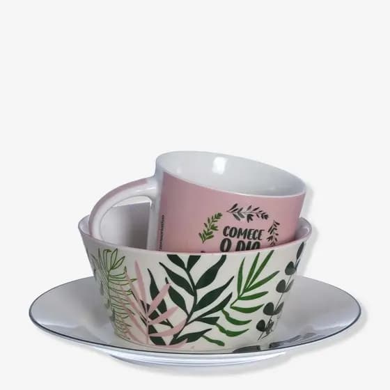 Kit Refeição Cerâmica Bowl Caneca e Prato Jardim