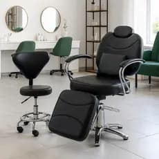 Cadeira Barbeiro Maquiagem Estética Salão de Beleza Com Descanso Perna Lombar Mocho Reclinável Preta