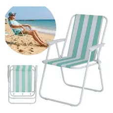 Cadeira de Praia Dobrável Ferro Branco e Verde Com Apoio de Braço Ideal Para Praia Piscina Camping e Lazer