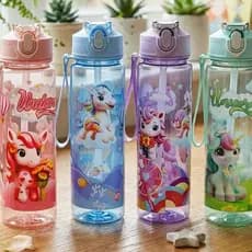 Garrafa de Água Infantil 700ml Unicórnio Com Canudo de Silicone – Tampa Com Trava de Segurança e Alça Para Escola