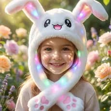 Touca de Pelúcia Animada com Orelhas Longas em Movimento e Luz LED – Estilo Coelho Panda Super Fofinho e Diferente