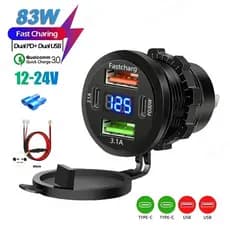Tomada De Carregador De Carro Duplo Tipo-C E USB 4 Portas Carregamento Rápido À Prova Dwaterproof Água Com Voltímetro 12