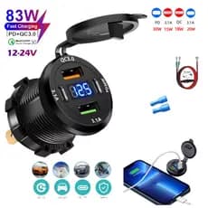 Tomada De Carregador De Carro Duplo Tipo-C E USB 4 Portas Carregamento Rápido À Prova Dwaterproof Água Com Voltímetro 12