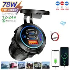 Tomada De Carregamento De Carro 12V/24V 3 Portas PD30W + QC3.0 USB Carregador Motocicleta , RV