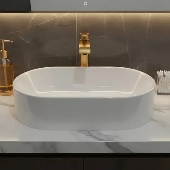 Pia Para Banheiro Cuba de Apoio 42cm Cor Branca Lavabo Lavatório Retangular em Mármore Sintético