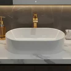 Pia Para Banheiro Cuba de Apoio 42cm Cor Branca Lavabo Lavatório Retangular em Mármore Sintético