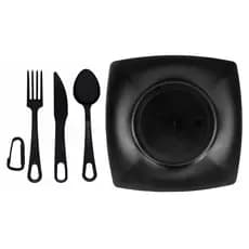 Kit Prato Preto Quadrado 22x22cm + Talher de Campanha Colher/Garfo/Faca Preto