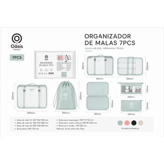 Organizador de Malas 7 Peças Kit Viagem Bolsa Roupas Mala Packing Cubes