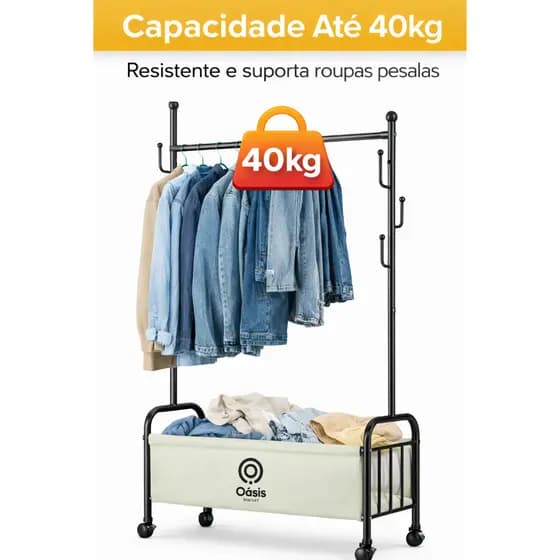 Arara de Roupas com Cesto de Roupa Suja e Rodinhas | Cabideiro Organizador Multifuncional