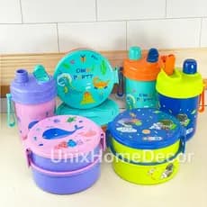 Kit Marmita Dupla e Garrafa Pote Infantil Multiuso com divisória Portátil Lancheiras Adesivos Escola