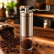 Moedor de Café Manual Portátil Com Manivela  Aço Inox Ajuste de Moagem Para Grãos com Visor de Vidro