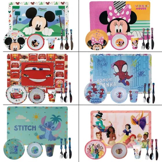 Jogo Infantil de Refeição Prato/Bowl/Copo/Lugar/Talheres - Pers. Disney 7 Peças - Produto Licenciado