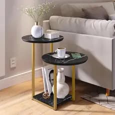 MESA LATERAL DE SOFÁ TAMPO MARMORIZADO INDUSTRIAL COM 2 TAMPO E PORTA REVISTA LUIZA