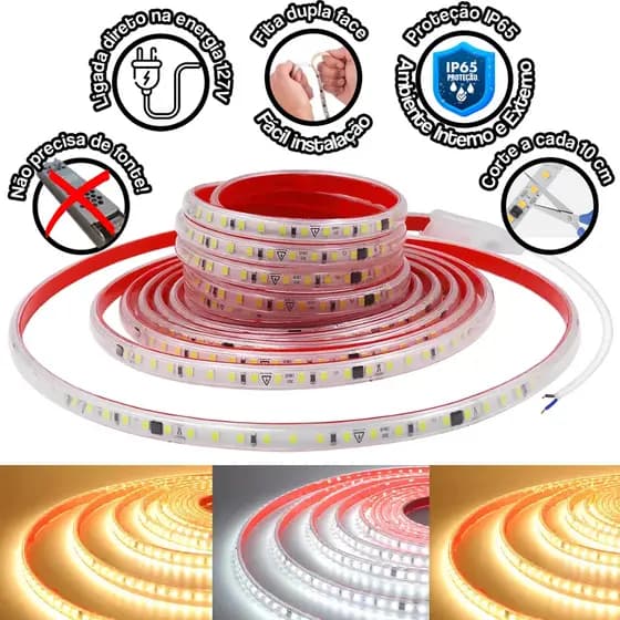 1m a 5m Fita Led Direta na Rede 120Leds IP65 Sem Uso de Fonte Para Perfil Led Sanca Movelaria Nicho