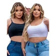 Kit 2 Tops Plus Size Feminino Sem Bojo Reforçado Modelador Malha Canelada Alta Elasticidade